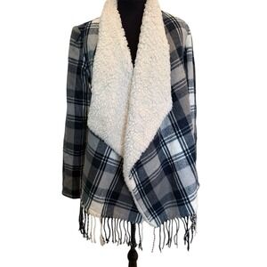 Hollister Womens Sherpa Lined Plaid  Cardigan Sz S Fringed Jacket Cabincore